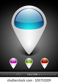 Abstract 3D glossy map pointers in  blue, green, pink and red color with grey color combination, isolated on grey with text space.EPS 10. can be use as icons, element, banner or background.