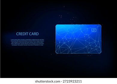Abstrato 3D brilhante aramado azul de um cartão de crédito feito de linhas e pontos em um fundo escuro. Conceito de segurança de pagamento digital, fintech, comércio eletrônico e tecnologia bancária on-line. Inclui o texto Lorem Ipsum de espaço reservado para design de layout.