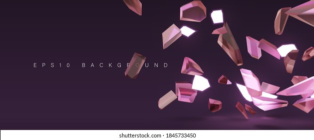Abstract 3d glowing shattered crystal glass particles background vector