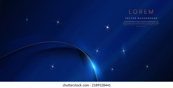 Abstract 3d gold curved dark blue ribbon on dark blue background with lighting effect and sparkle with copy space for text. Luxury design style. Vector illustration