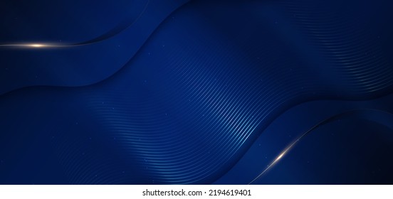 Resumen de la cinta azul oscuro curvada en 3d en color azul oscuro con efecto de iluminación y brillo con espacio de copia para texto. Diseño de lujo. Ilustración del vector