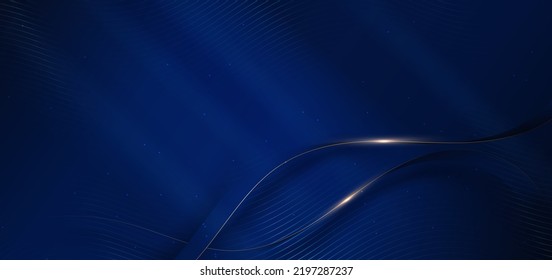 Abstract 3d gold curved dark blue ribbon on dark blue background with lighting effect and sparkle with copy space for text. Luxury design style. Vector illustration