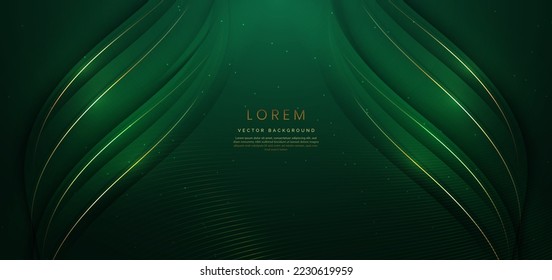Abstract 3d gold curved green ribbon dark green background and lighting effect   sparkle and copy space for text  Luxury design style  Vector illustration