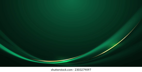 Abstract 3d gold curved green ribbon on dark green background with lighting effect and sparkle with copy space for text. Luxury design style. Vector illustration