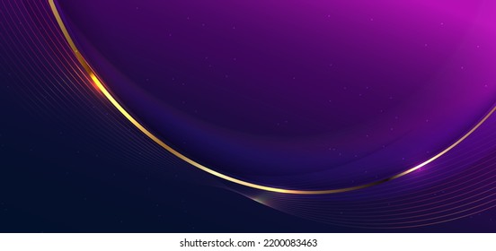 Resumen de la línea curva dorada 3d sobre fondo morado y azul oscuro con efecto de iluminación y brillo con espacio de copia para texto. Diseño de lujo. Ilustración del vector