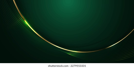 Resumen de la línea curva dorada 3d sobre fondo verde oscuro con efecto de iluminación y brillo con espacio de copia para texto. Diseño de lujo. Ilustración del vector