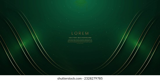 Abstract 3d gold curved  on dark green background with lighting effect and sparkle with copy space for text. Luxury design style. Vector illustration