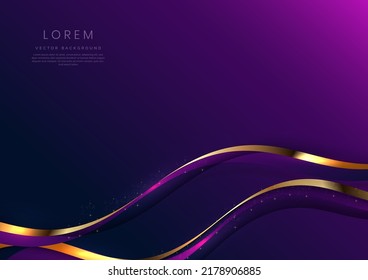 Abstract 3d Gold Curved Purple Ribbon On Purple And Dark Blue Background With Lighting Effect And Sparkle With Copy Space For Text. Luxury Design Style. Vector Illustration