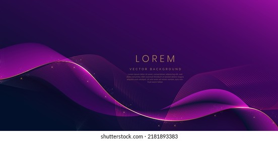 Abstract 3d gold curved purple ribbon on purple and dark blue background with lighting effect and sparkle with copy space for text. Luxury design style. Vector illustration