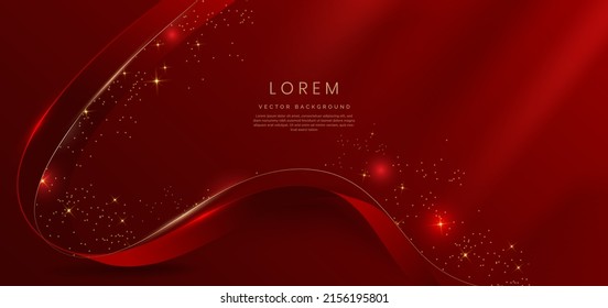 Abstract 3d gold curved red ribbon red background and lighting effect   sparkle and copy space for text  Luxury design style  Vector illustration
