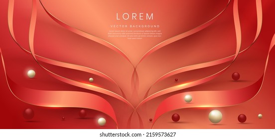Abstract 3d gold curved red ribbon on red background with bll lighting effect and sparkle with copy space for text. Luxury design style. Vector illustration