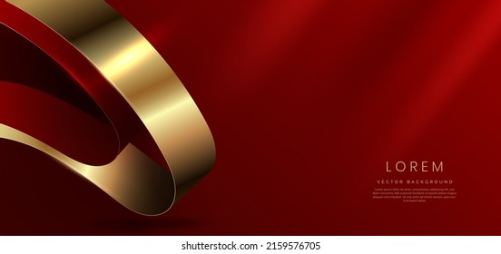Abstract 3d gold curved red ribbon on red background with lighting effect and sparkle with copy space for text. Luxury design style. Vector illustration