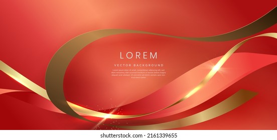 Resumen de la cinta roja curvada en 3d de oro sobre fondo rojo con efecto de iluminación bll y brillo con espacio de copia para texto. Diseño de lujo. Ilustración del vector
