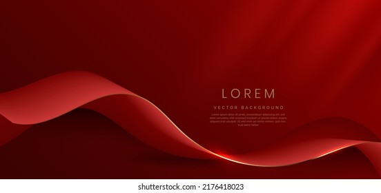 Abstract 3d gold curved red ribbon on red background with lighting effect and sparkle with copy space for text. Luxury design style. Vector illustration