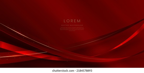 Abstract 3d gold curved red ribbon on red background with lighting effect and sparkle with copy space for text. Luxury design style. Vector illustration