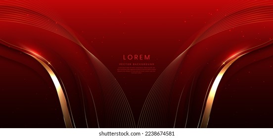 Abstract 3d gold curved red ribbon on red background with lighting effect and sparkle with copy space for text. Luxury design style. Vector illustration