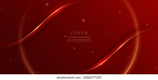 Abstract 3d gold curved red on red background with lighting effect and sparkle with copy space for text. Luxury design style. Vector illustration