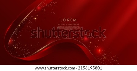 Abstract 3d gold curved red ribbon on red background with lighting effect and sparkle with copy space for text. Luxury design style. Vector illustration 商業照片 © 
