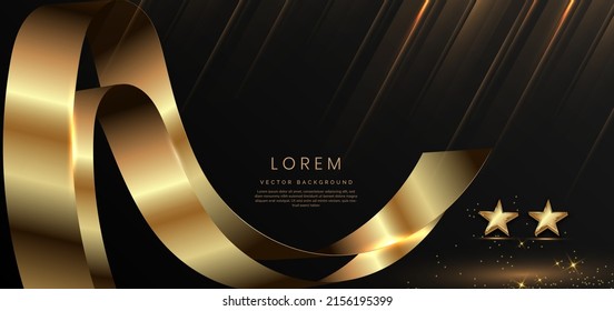 Abstract 3d gold curved ribbon on black background with star lighting effect and sparkle with copy space for text. Luxury design style. Vector illustration