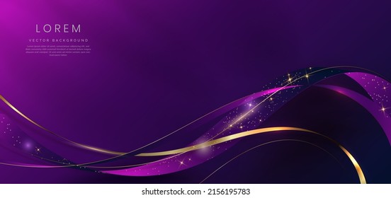 Abstract 3d gold curved ribbon purple   dark blue background and lighting effect   sparkle and copy space for text  Luxury design style  Vector illustration