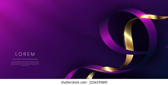 Resumen de la cinta curvada de oro 3d sobre fondo morado y azul oscuro con efecto de iluminación y brillo con espacio de copia para texto. Diseño de lujo. Ilustración del vector