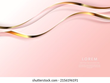 Abstract 3d gold curved ribbon on soft pink background with lighting effect and sparkle with copy space for text. Luxury design style. Vector illustration