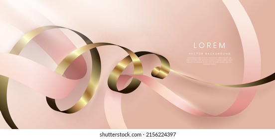 Abstract 3d gold curved ribbon on rose gold background with lighting effect and sparkle with copy space for text. Luxury design style. Vector illustration