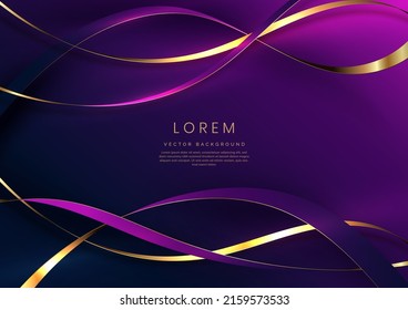 Abstract 3d gold curved ribbon on purple and dark blue background with lighting effect and sparkle with copy space for text. Luxury design style. Vector illustration