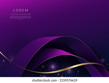 Abstract 3d gold curved ribbon on purple and dark blue background with lighting effect and sparkle with copy space for text. Luxury design style. Vector illustration