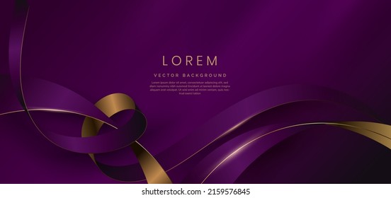 Abstract 3d gold curved ribbon on purple and dark purple background with lighting effect and sparkle with copy space for text. Luxury design style. Vector illustration