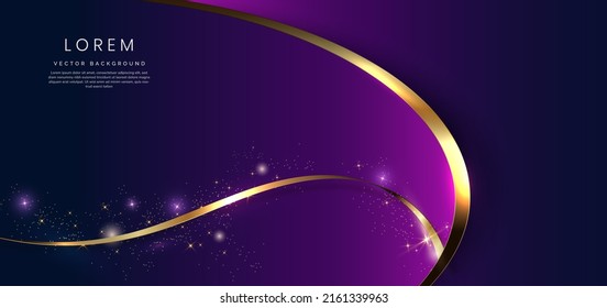 Abstract 3d gold curved ribbon on purple and dark blue background with lighting effect and sparkle with copy space for text. Luxury design style. Vector illustration