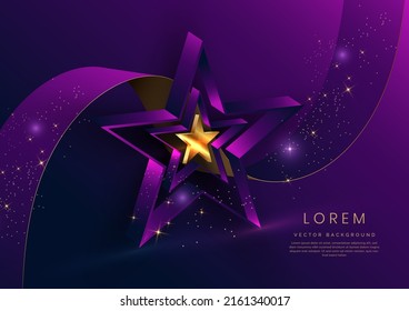 Abstract 3d gold curved ribbon on purple and dark blue background with lighting effect and sparkle with copy space for text. Luxury design style. Vector illustration