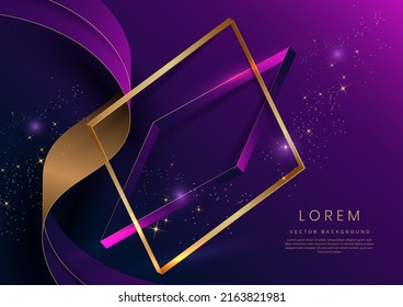 Abstract 3d gold curved ribbon on purple and dark blue background with lighting effect and sparkle with copy space for text. Luxury square frame design style. Vector illustration