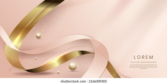 Resumen de la cinta curvada de oro 3d sobre fondo de oro rosa con efecto de iluminación y brillo con espacio de copia para texto. Diseño de lujo. Ilustración del vector