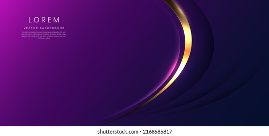 Abstract 3d gold curved ribbon on purple and dark blue background with lighting effect and sparkle with copy space for text. Luxury design style. Vector illustration స్టాక్ వెక్టార్