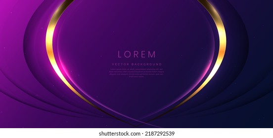 Abstract 3d gold curved ribbon on purple and dark blue background with lighting effect and sparkle with copy space for text. Luxury design style. Vector illustration