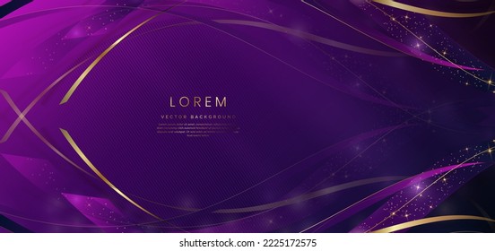 Abstract 3d gold curved ribbon on purple and dark blue background with lighting effect and sparkle with copy space for text. Luxury design style. Vector illustration