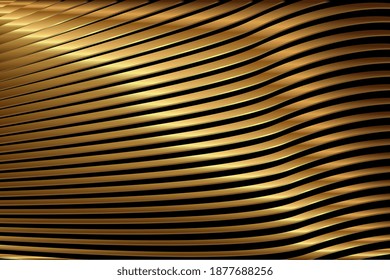 Abstract 3d Gold Luxurious Background With Metal Waves.Luxury Golden Line Background In 3d Abstract Style.Bright Gold Stripy Metallic Backdrop.Fashion Gold Poster Luxury Design. Vector Illustration.