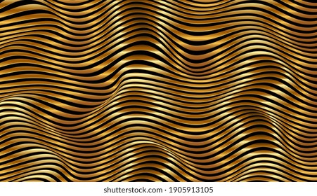 Abstract 3D gold luxury background with metallic wave stripes. Golden Waves. Luxury elegant background. Shiny moving strips design element on dark background. Fashion gold poster luxury design. Vector
