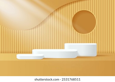 Abstract 3D gold podium background. Modern minimalist mockup for product display presentation. Realistic gold cylinder pedestal podium. Geometric stage showcase with copy space. 