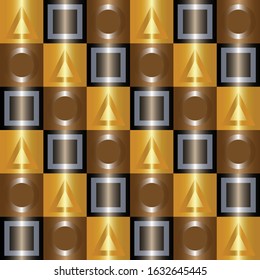 Abstract 3D gold triangles on gold gradient squares and 3D silver squares on copper gradient squares and 3D bronze circles on bronze gradient squares vector for background backdrop wallpaper textile.