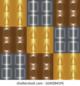Abstract 3D gold triangles on gold gradient squares and 3D silver squares on chrome gradient squares and 3D bronze circles on bronze gradient squares vector for background backdrop wallpaper textile.