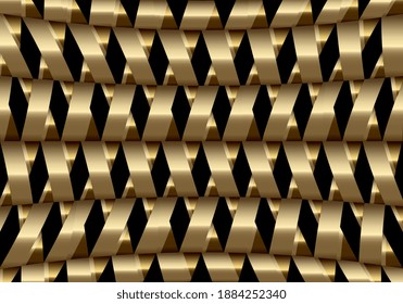 Abstract 3D Gold weave pattern on dark background. Abstract luxury golden weave pattern. Metallic weave ribbons. Golden wicker pattern.Luxury woven texture.Gold metal ornament. Vector illustration