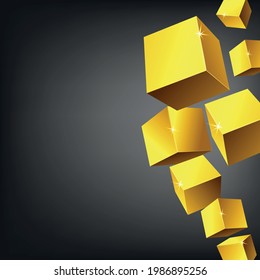 Abstract 3D golden cube background. Realistic geometric shapes in gold color with sparkling effect on dark backdrop, vector illustration.