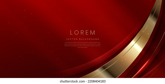 Resumen 3d forma roja curvada dorada sobre fondo rojo con efecto de iluminación y brillo con espacio de copia para texto. Diseño de lujo. Ilustración del vector