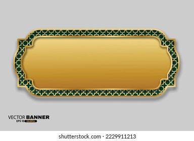 Abstract 3D golden geometric islamic banner shape with pattern on arabesque style. Text box, title frame, vector illustration isolated on gray background.