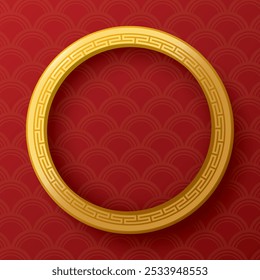 Abstractas anillo de oro 3D estilo de patrón oriental sobre fondo rojo. La Plantilla cuadrada de la tarjeta de felicitación del año Nuevo chino tiene espacio en blanco.