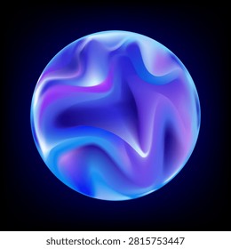 Abstract 3D gradient sphere with glossy blue and purple liquid waves, Futuristic orb isolated on black background. Modern technology, AI, Digital branding, Innovation,Creative wallpaper,Graphic design