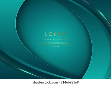 Abstract 3d green background with gold lines curved wavy sparkle with copy space for text. Luxury style template design. Vector illustration