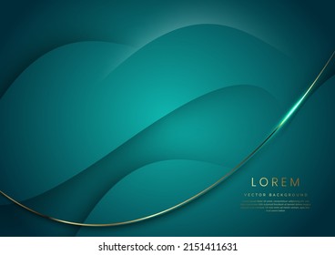 Abstract 3d green background with gold lines curved wavy sparkle with copy space for text. Luxury style template design. Vector illustration